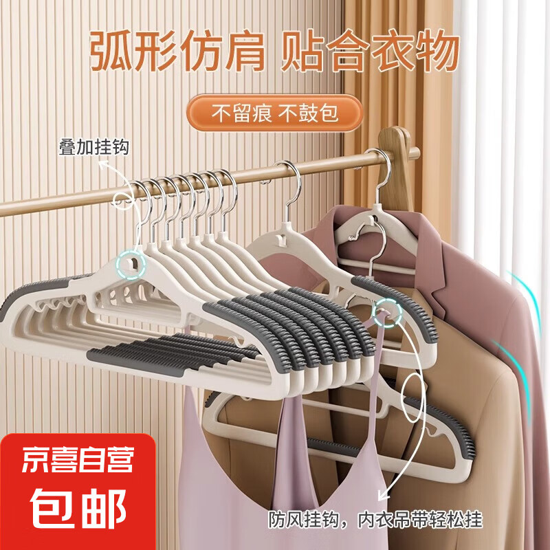 京东物流 双位衣架家用防滑无痕晾晒衣服防肩角挂架学生衣撑 【白灰色】双肩防滑-无痕设计 10个