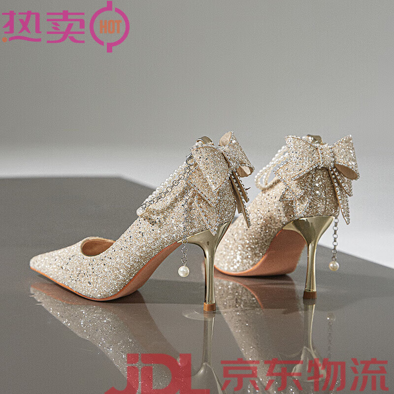 ZHR婚鞋女新娘鞋2025新款秀禾婚紗兩穿細高跟鞋蝴蝶結伴娘鞋淺口單鞋 香檳色_后跟 8.5cm 35