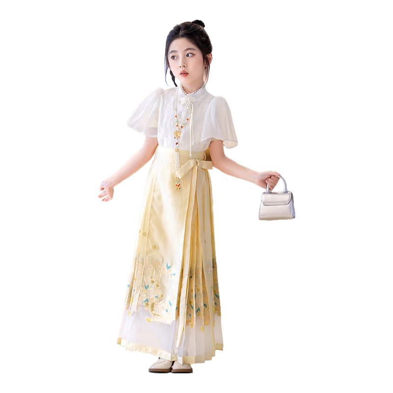 羅蒙馬面裙女童套裝春夏款兒童漢服國風新中式半身裙演出服 黃色140