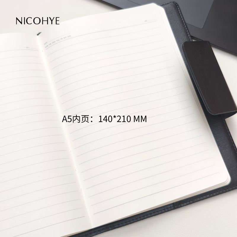 NICOHYE 高级简约a6a5横线笔记本本子带卡槽笔插 商务办公高档本子 伴手礼 企业定制 雾蓝-插袋本(a6) 横线内页