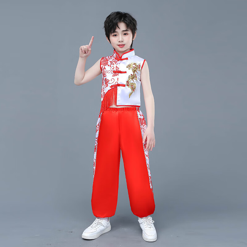 奢依君（SHEYIJUN）安塞腰鼓表演服 兒童陜北武術(shù)民族幼兒中小學(xué)生秧歌打鼓舞龍演出 紅色男款 130