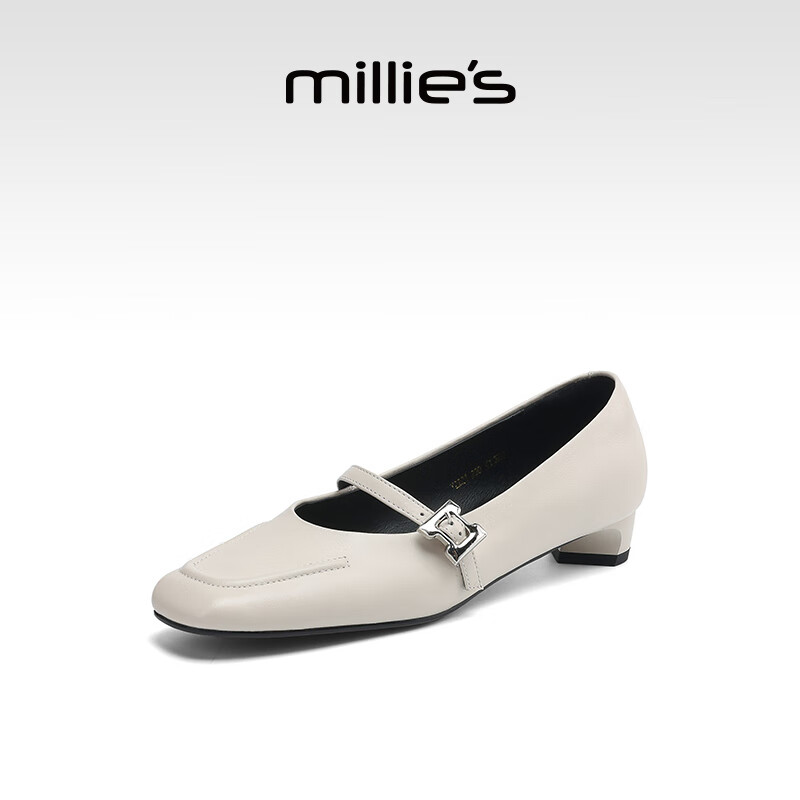 妙丽玛丽珍鞋女低跟真皮浅口时尚百搭2025夏季新款百搭通勤单鞋 米白 37 (235mm) 标准码