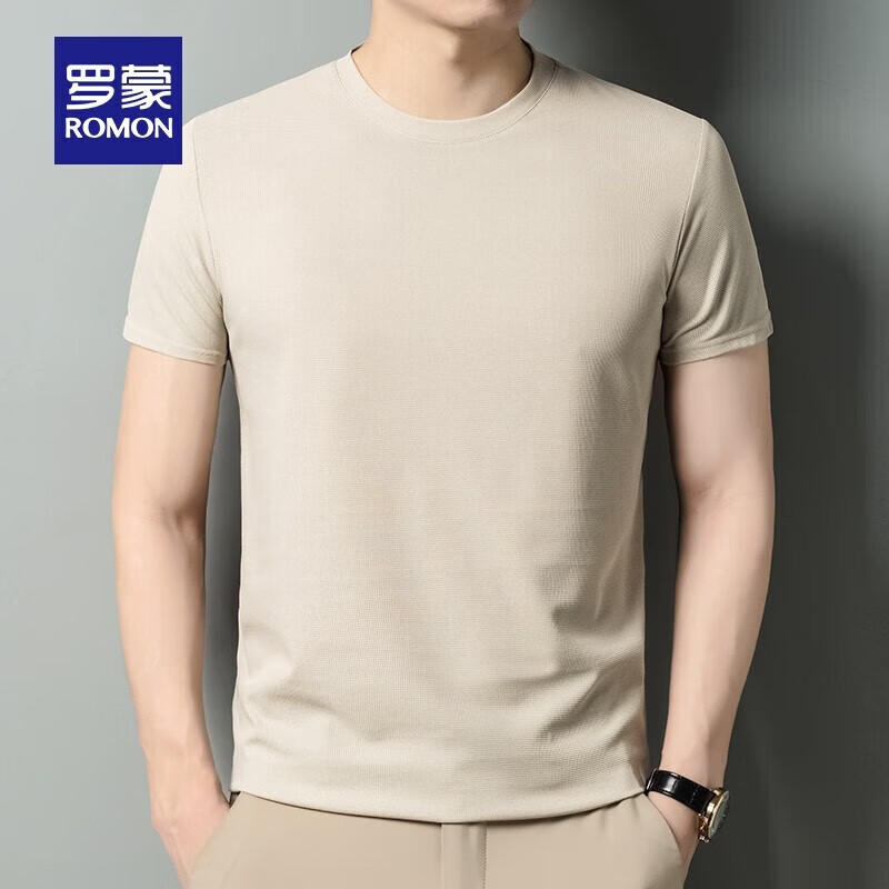 罗蒙(ROMON)华夫格短袖t恤男圆领夏季新款中青年时尚休闲冰丝凉感T恤衫上衣 米驼 M 165 (适合90-100斤)