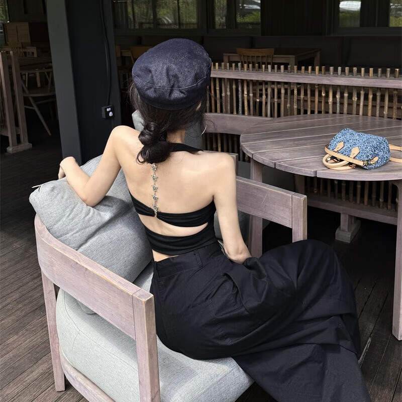 微光里泰式绝美辣妹穿搭孔雀蓝色露背带胸垫无袖吊带背心女外穿挂脖上衣 美背吊带【黑色 均码】 80-105斤