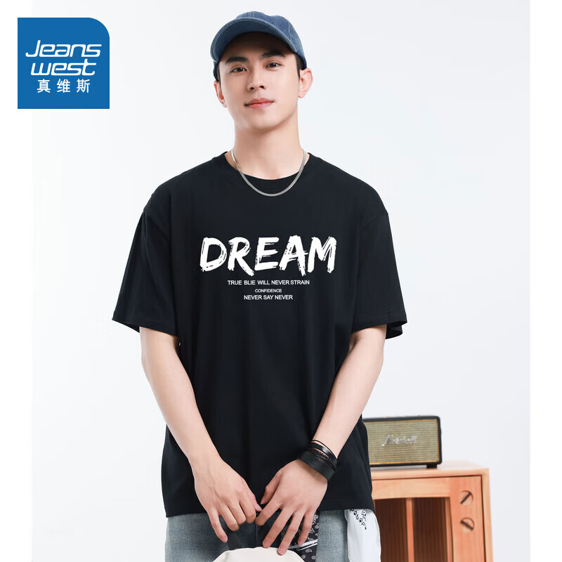 真维斯男装2夏季款美式潮流百搭字母多图印花纯棉短袖T恤上衣潮NXP 173BW4黑色2010 S 165/84A