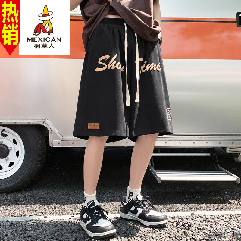 稻草人發(fā)泡印花運動(dòng)短褲男夏季薄款美式復古高街ins潮牌寬松休閑5五分褲 黑色 M