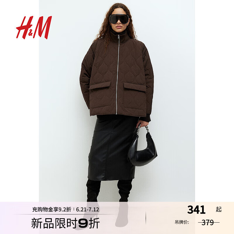 H&M女裝棉衣2025夏季新款時尚休閑大廓形絎縫夾薄棉外套1255574 深棕色 XL 170/116