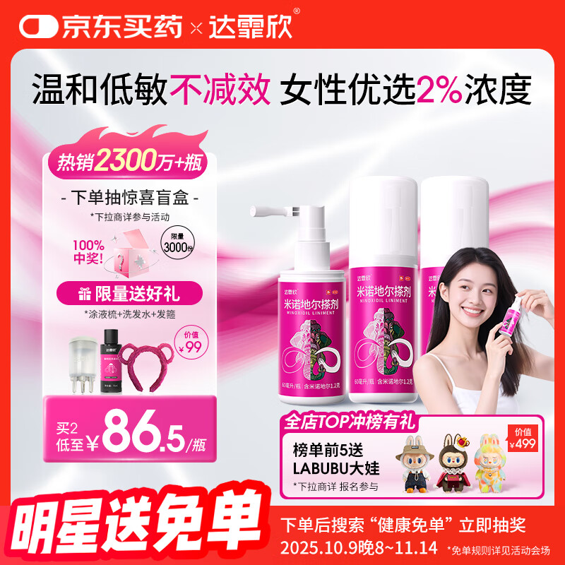 达霏欣 米诺地尔酊搽剂2%浓度60ml*3瓶【女士脱发严重疗程装】女性专用防脱生发育发发际线增长液洗发水脱发斑秃泡沫凝胶