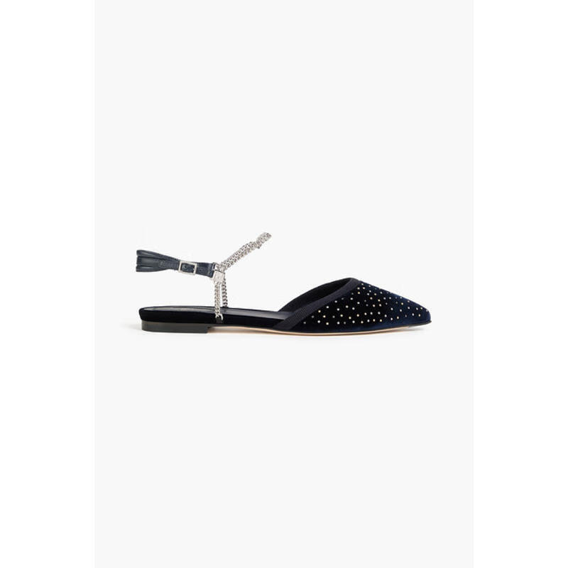 芬迪（FENDI） 七夕禮物 女士 鉚釘天鵝絨尖頭平底鞋 Midnight blue 20 | 36 EU