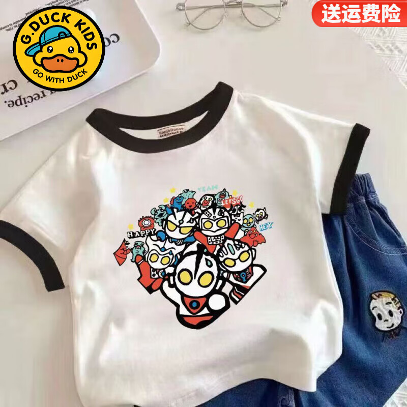 G.duck儿童纯棉撞色短袖夏季2025年新款T恤宝宝奥特曼男童卡通印花上衣 【黑领短袖-7个奥特曼】 110 码(建议身高95-105cm)