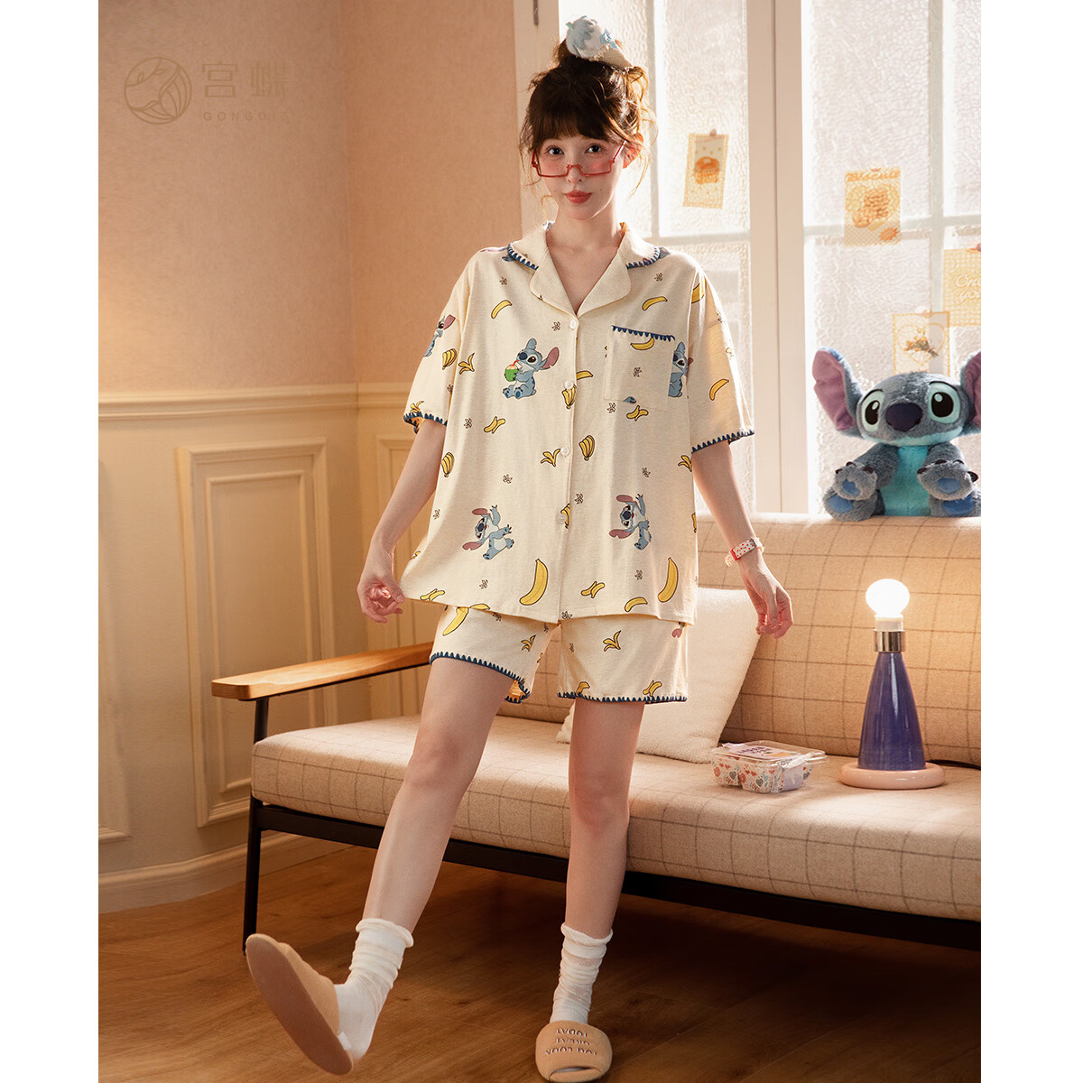 宫蝶宫蝶【凉感型】迪士尼史迪仔睡衣女短袖莫代尔棉卡通开衫家居服夏 史迪仔满印套装 M （建议80-100斤）