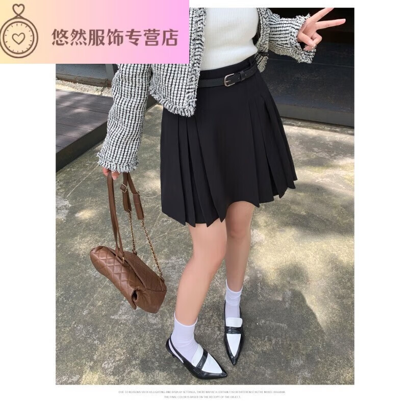 山頭林村西裝百褶半身裙女防走光高腰A字裙顯瘦打底短裙子 黑色無腰帶 均碼 m
