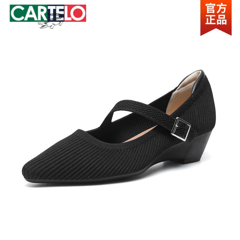卡帝樂(lè)鱷魚（CARTELO）王妃尖頭瑪麗珍針織鞋女軟底一腳蹬一字帶透氣編織坡跟單鞋女新款 黑色 38