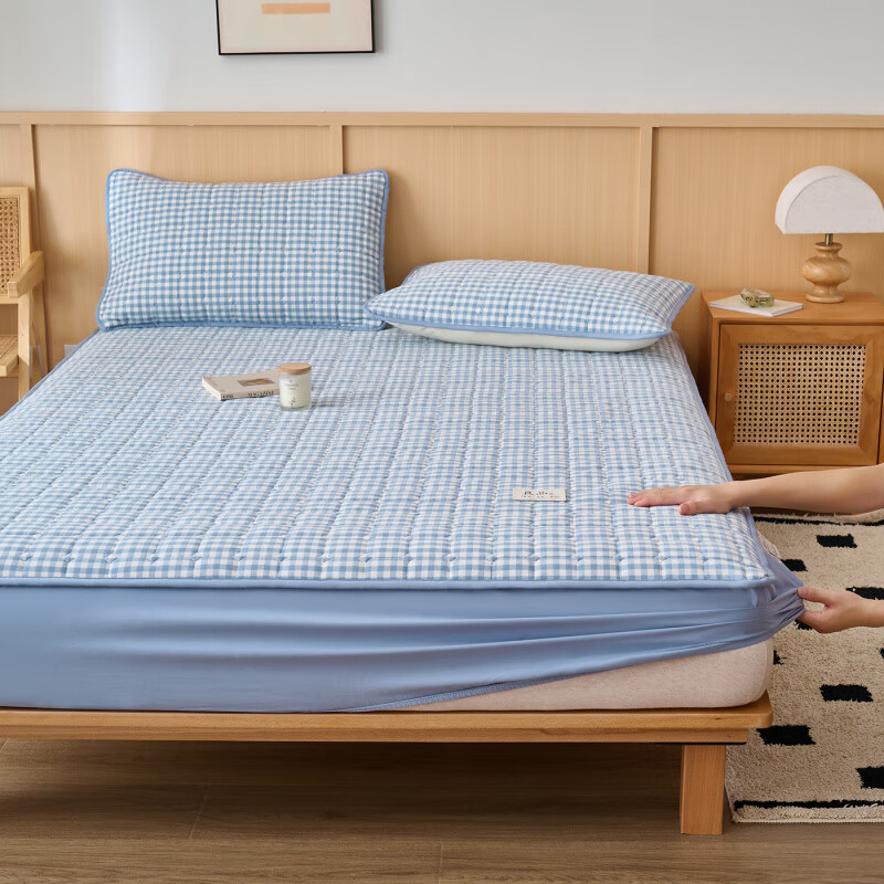 诸禄A类全棉夹棉床笠2米x2.2米2025新款四季通用床罩单件床垫保护隔脏 天蓝小格 床笠三件套 200cm*220cm