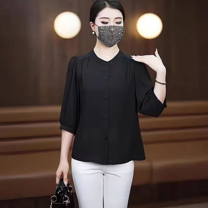 邦菲尔夏季新款妈妈装轻风纱衬衫女士显瘦减龄中袖上衣开衫时尚休闲衬衣 藏青色 5XL 170-185斤