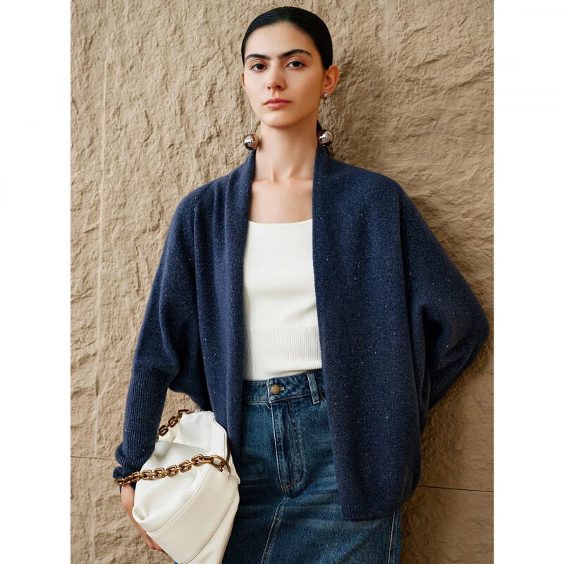 INSUN恩裳专选秋季女装「美丽诺」羊毛珠片蝙蝠袖针织开衫 藏蓝 M 38