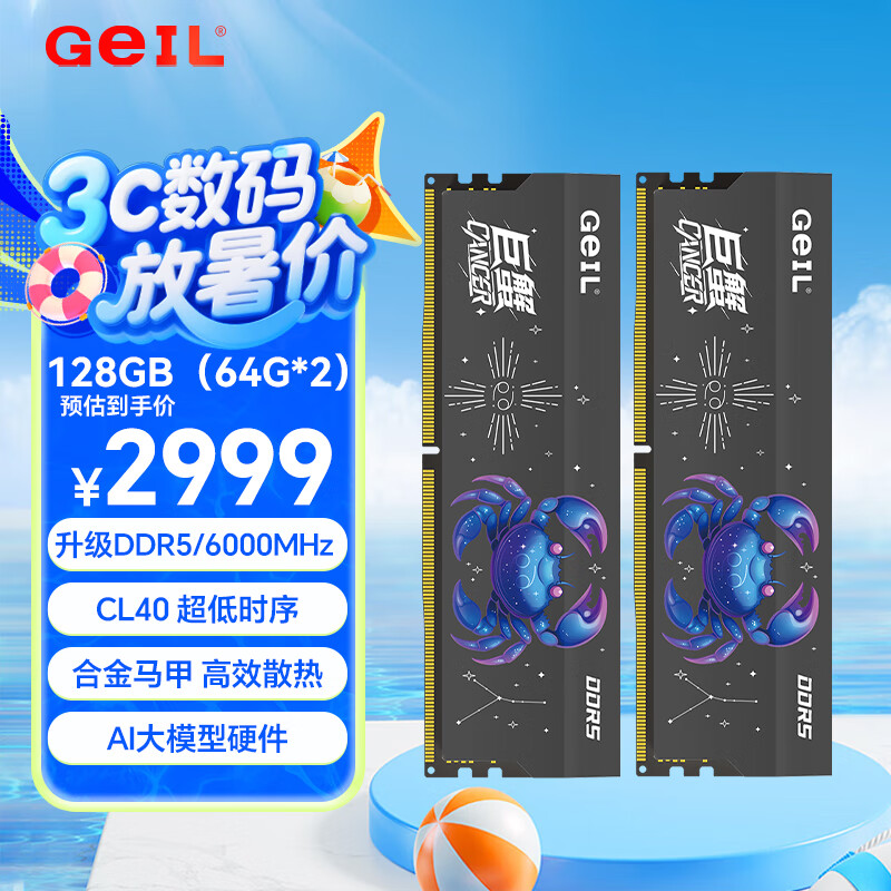 GEIL��� 128G(64Gx2)��װ DDR5 6000 ̨ʽ�������ڴ���  ��з������ϵ�л�ɫC40 ����AI