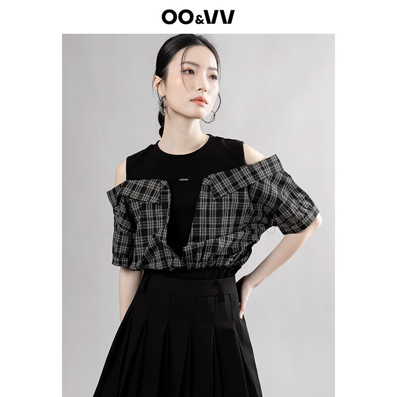 OO&VV设计感假两件格子短袖衬衫女2025夏季女装露肩显瘦小众上衣 黑色 L