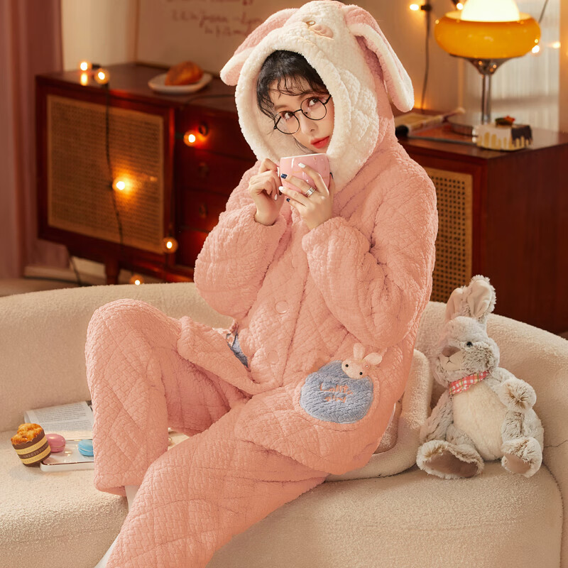 chunnian睡衣女冬季三层夹棉袄加厚加绒珊瑚绒保暖法兰绒家居服套装可外穿 KJ-62727豆沙 2XL