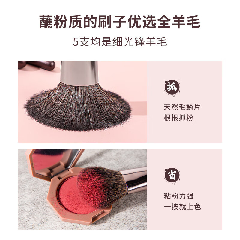 VVSHOW便携细光锋羊毛化妆刷套装迷你套装亲肤不扎脸上班旅行情人节礼物 迷你刷套装 5支 含刷包