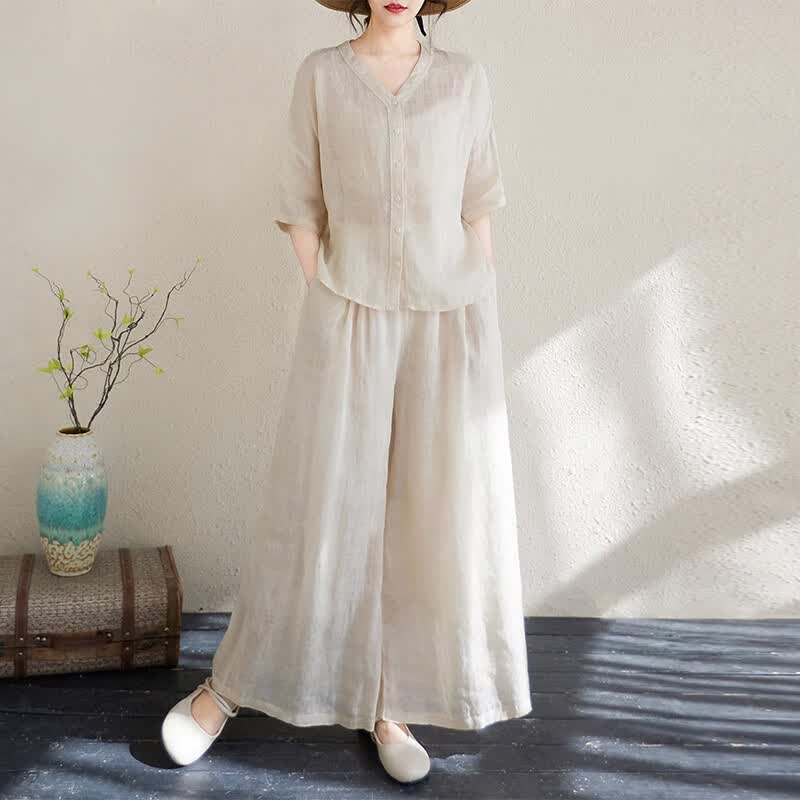 潮梦城妈妈装50-60岁洋气棉麻套装女士夏季妈妈显瘦遮肉洋气亚麻v领衬衫 杏色 M