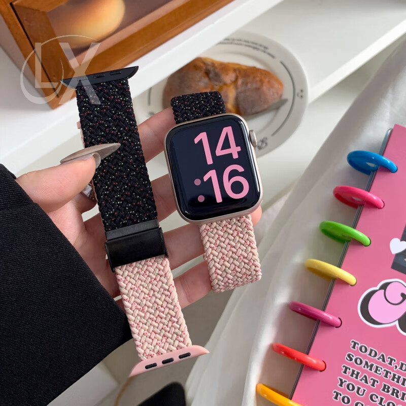 适用S11苹果手表表带尼龙编织简约拼色s10运动腕带applewatch678磁吸扣iwatchs9透气SE情侣Ultra2 编织黑扣黑配绛樱桃紫 适用s10/s11通用 42mm