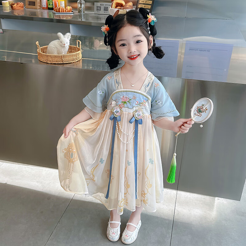 萨肯猫（SAKENMAO）女童汉服2025新款儿童夏季中国风古装仙汉服女宝宝古风公主裙子 蓝色秀荷花汉服 90