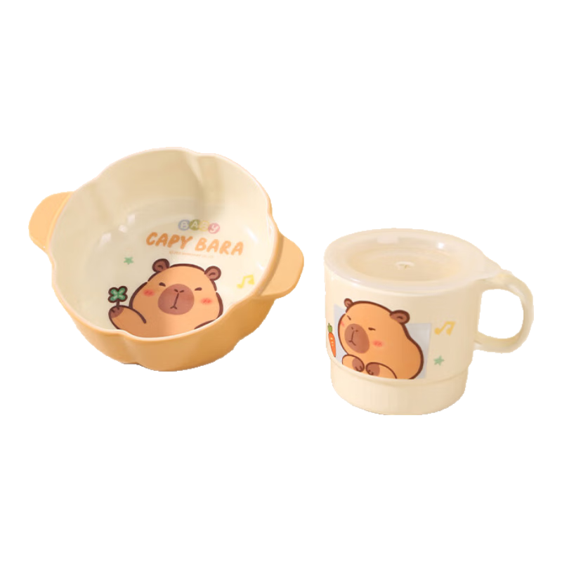 五和(WUHE)卡皮巴拉兒童餐具碗家用防燙寶寶專用飯碗可愛輔食碗卡通分格餐盤 卡皮巴拉(單耳杯+雙耳碗+勺子)