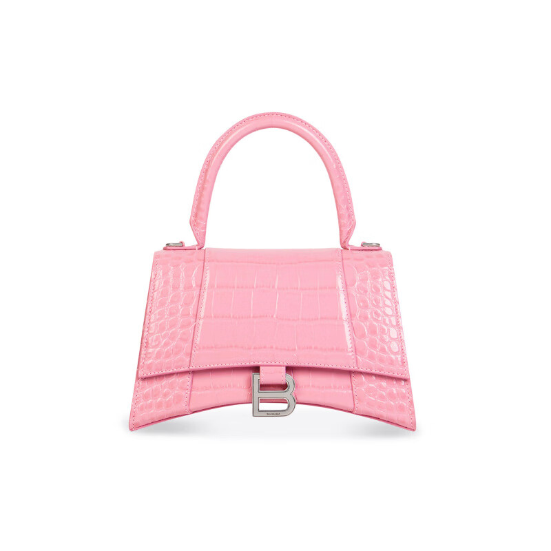 巴黎世家（BALENCIAGA）hourglass 鱷魚紋銀扣沙漏包 牛皮 手提斜挎單肩包 小號 女款 粉 基礎(chǔ)裝(包+防塵袋)