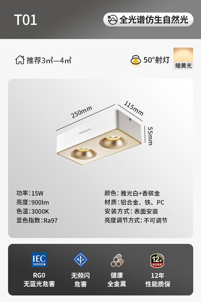 Paulmann PPaulmann德國(guó)柏曼護(hù)眼防眩斗膽燈全光譜吸頂無(wú)主燈照明筒燈具 雙燈暖黃光50明裝