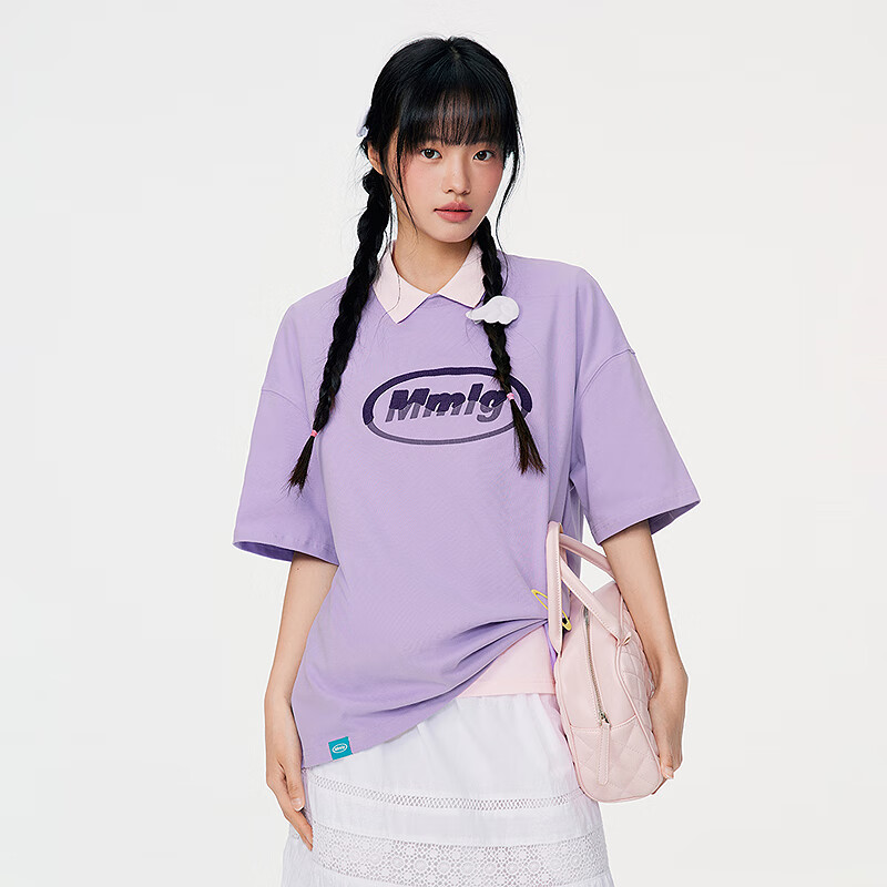 Mmlg 7A抗菌 87 mm 纯棉短袖T恤女夏季新款基础圆领半袖情侣上衣 紫色 L