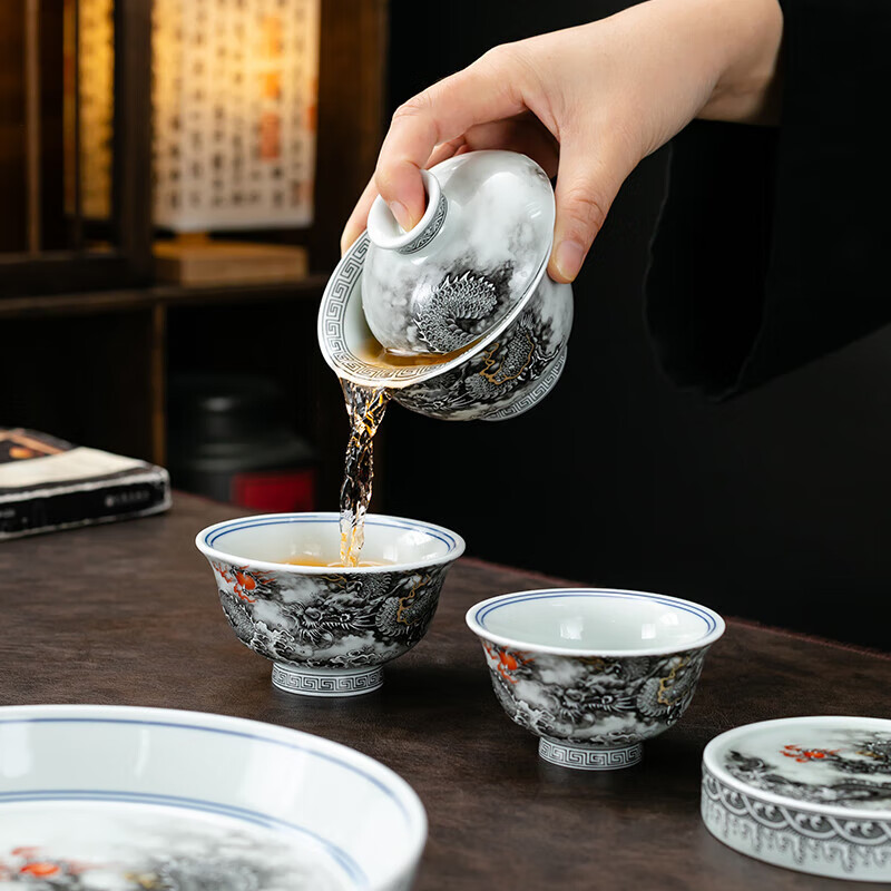 京峰阁 茶具盖碗套装 高档轻奢手工描金家用送礼整套泡茶碗茶杯泡茶器 墨龙悬停盖碗(一盖碗二杯)