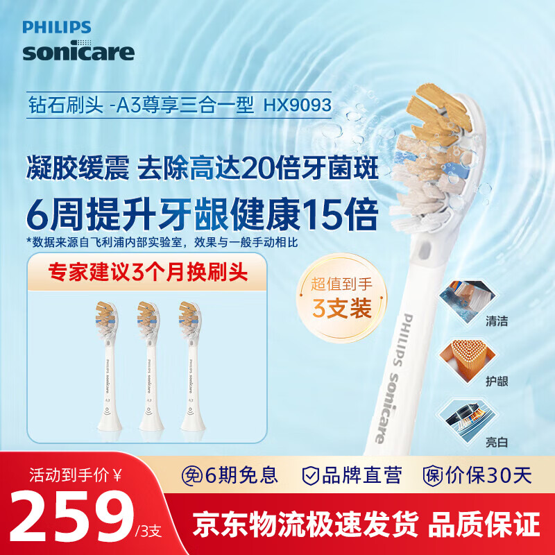 飞利浦（PHILIPS）电动牙刷头尊享系列智能高定刷头适用于HX9996HX9997官方旗舰店 尊享多效-HX9093/67-白色3支装