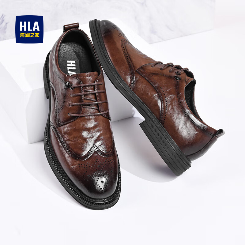 海澜之家皮鞋男鞋2026新款复古英伦风男士商务正装皮鞋头层牛皮软底皮鞋男 棕色 44