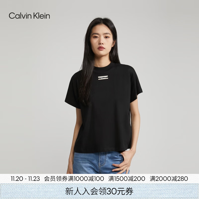 Calvin KleinJeans夏季女士通勤休闲ck字母印花舒适纯棉圆领内搭短袖T恤上衣 BEH-太空黑 XS （推荐80-95斤）