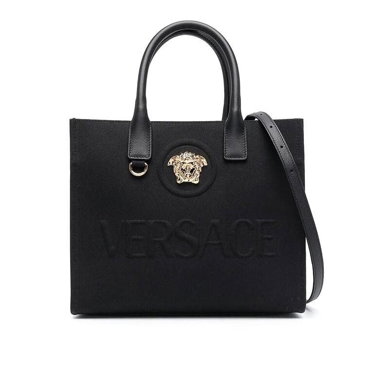 范思哲（VERSACE）女士小牛皮手提包立体logo手拎斜挎两用金属扣开合大容量通勤包 黑色 TU