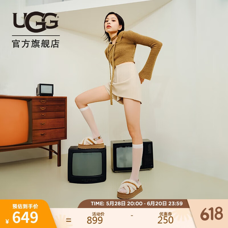 UGG春季女士交叉鞋面厚底彈力束帶毛毛涼鞋 1121550 CHE|栗色 39
