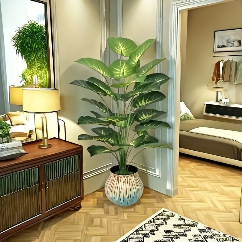 时鸟跨境仿真绿植绿萝叶仿真植物过胶叶婚庆家居装饰假盆景摆件 绿色绿罗叶【不带盆】 【12叶头】