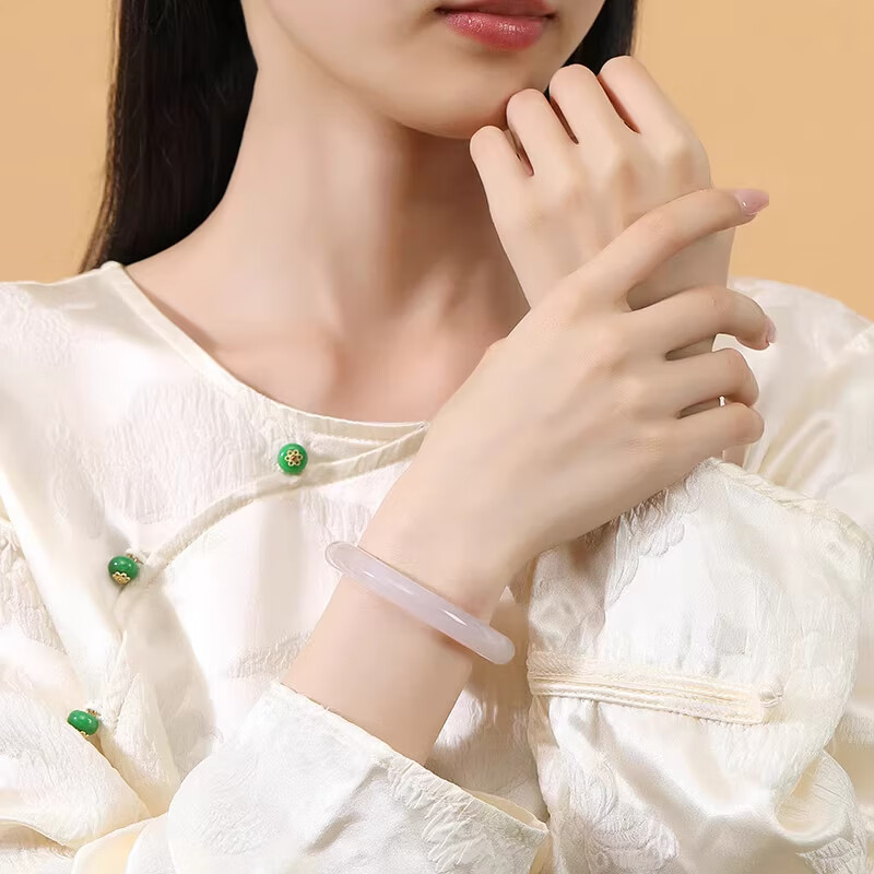 戴银坊白月光玉手镯女冰种宽条玉髓镯子首饰品纪念日生日礼物女友老婆 荔枝冻手镯（叮当镯） 62-63圈口（130-140斤）