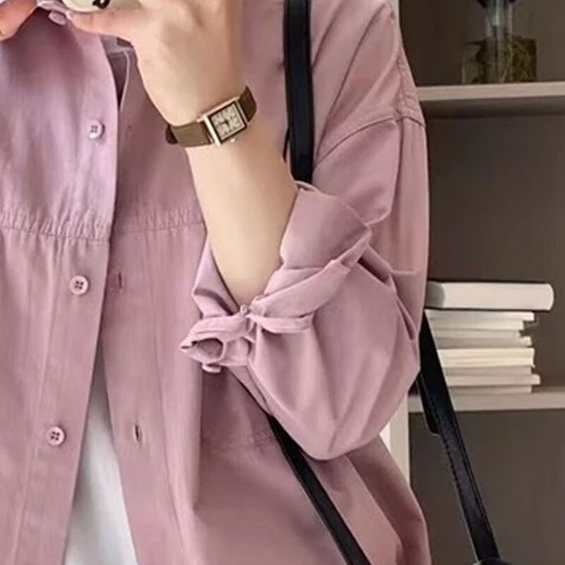子牧棉麻2025秋装 女百搭长袖韩版小众设计感衬衣宽松百搭衬衫8013 蔷薇粉 L (建议115-125斤)