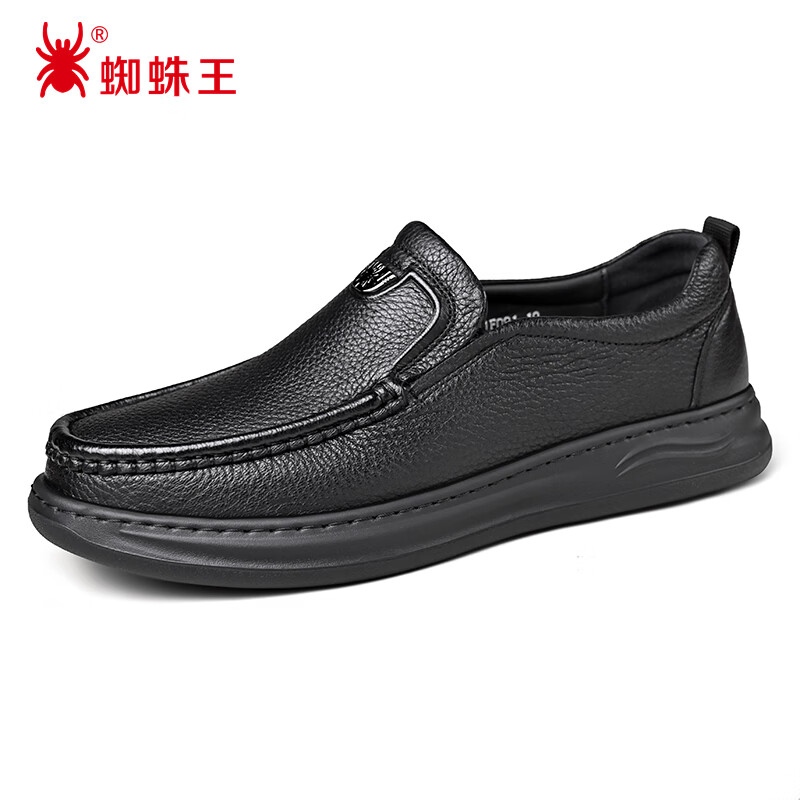 蜘蛛王鹿皮鞋子男春秋休闲皮鞋男士软底一脚蹬中年爸爸鞋 黑色 44