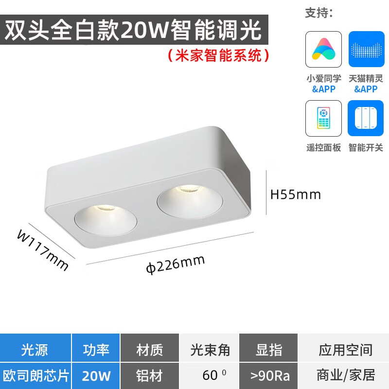 雷士照明led明装射灯超薄四头防眩斗胆灯家用客厅免开孔吸顶盒子筒灯 20W 全白款-双头智能调光 米家智能系统