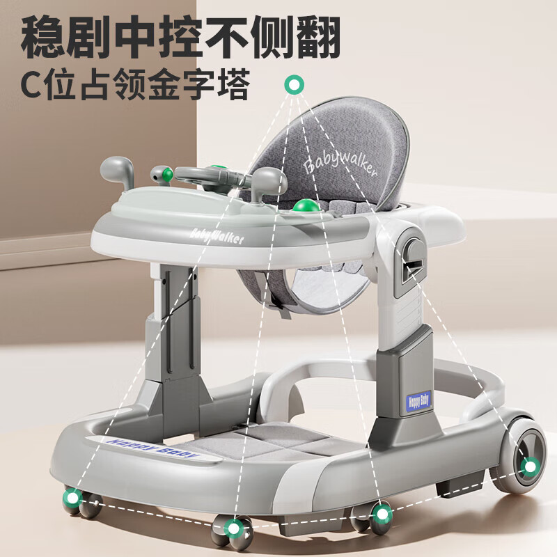 爱豆猫婴儿宝宝学步车防o型腿2025款多功能轻便折叠学步手推车9个月以上 顶配款-高级灰-音乐盘+推把+脚垫