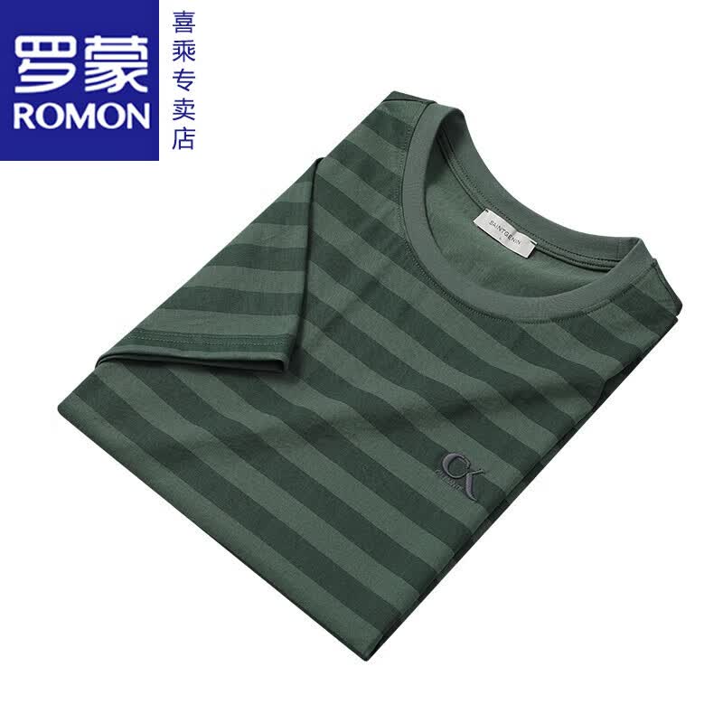 罗蒙(ROMON)仿棉麻潮流夏季透气薄款青年短袖T恤男2026条纹刺绣上衣新品 杏色 M