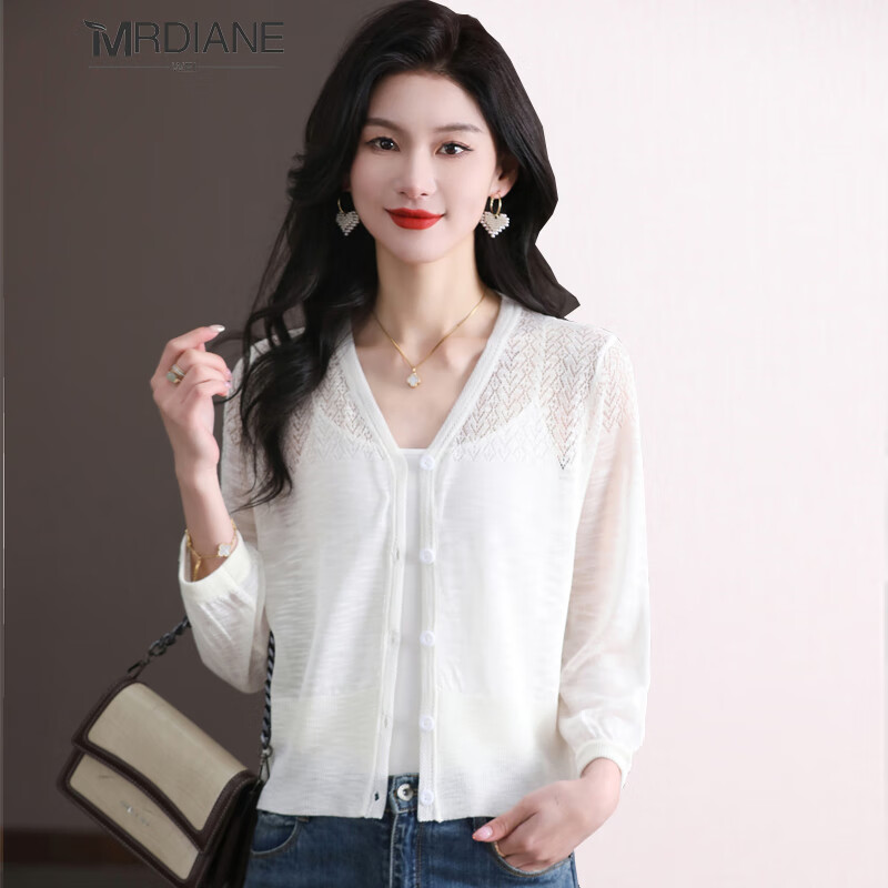 Mrdiane wei夏季薄款冰絲防曬針織開衫女上衣外搭空調衫外套 白色  均碼 