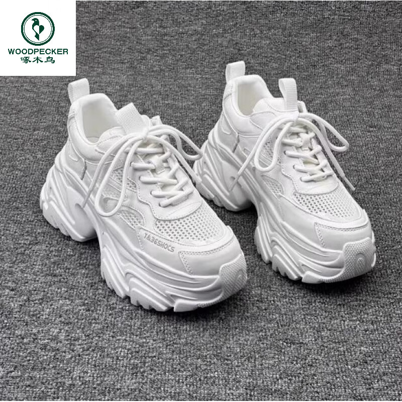 啄木鸟15公分老爹鞋子女网纱单鞋12公分小个子真皮内增高小白鞋10cm凉鞋 白色网纱14厘米 36