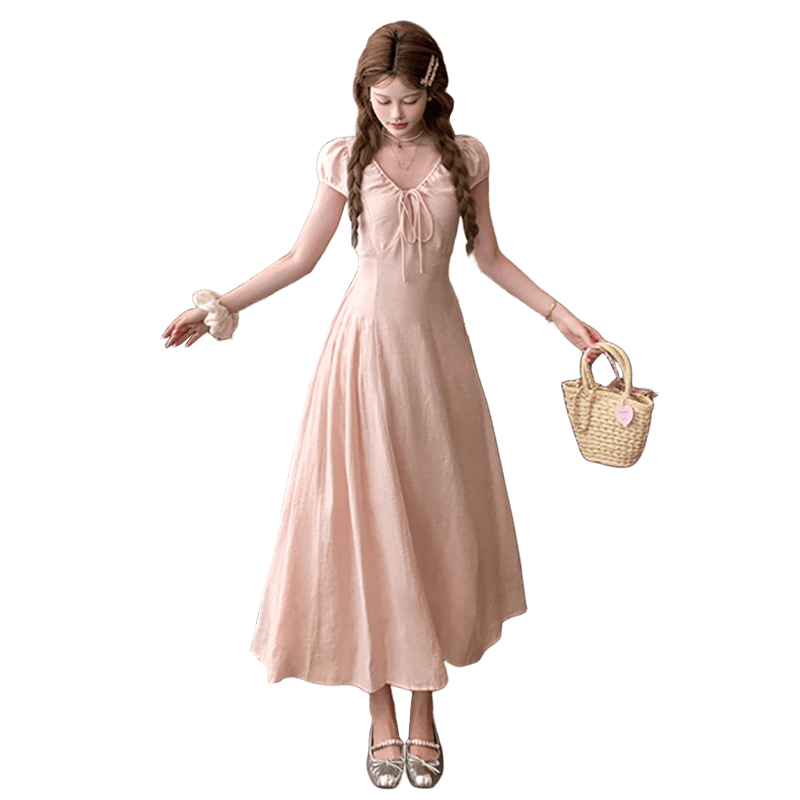 西遇法式短袖連衣裙女2025年夏季新款系帶a字收腰v領(lǐng)泡泡袖裙子 粉色 L (165)