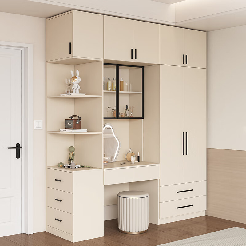 雨村实木生态板卧室简约衣柜定制转角衣柜奶油风收纳储物大容量衣柜 两门抽屉衣柜+边柜+书桌柜+顶柜