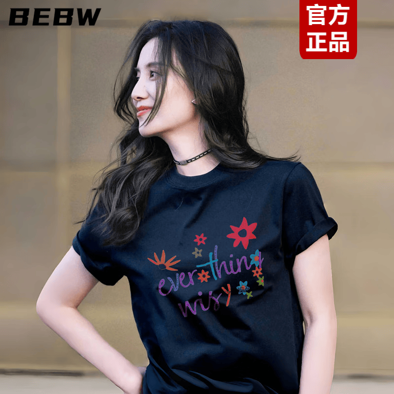 BEBW香港潮牌明星同款新款卡通印花短袖T恤女宽松显瘦百搭上衣女ins潮 黑色 S