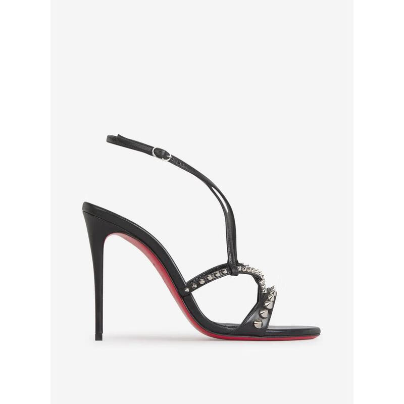 路鉑廷（Christian Louboutin）女士尖頭高跟涼鞋鉚釘裝飾防水臺cm細跟晚宴約會涼鞋 黑色 37.5